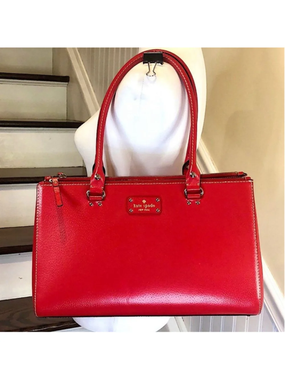 KATE SPADE Large Red Leather Tote Briefcase Shoulder Bag with Three Sections
